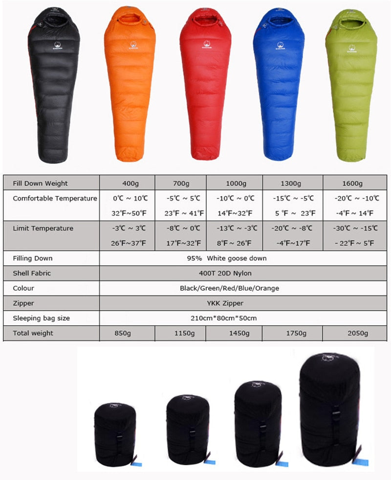 Warm Goose Down Mummy Sleeping Bag - Winter Thermal, 4 Thickness Options - Camping & Travel