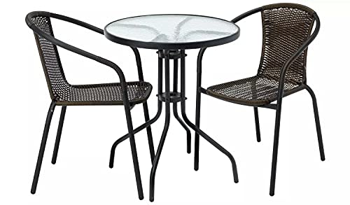 GSD Rattan 3 Piece Tasmania Bistro Garden Furniture Set Outdoor Patio Chairs And Steel Table For Al-Fresco Dining, BBQ’s